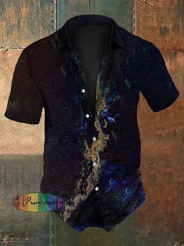 Men’s Retro Vintage Ripple Stamping Abstract Print Short-Sleeve Shirt Navy Blue / S