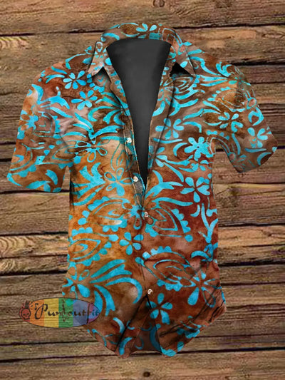 Men’s Retro Vintage Western Turquoise Green Floral Print Short-Sleeve Shirt As picture / S
