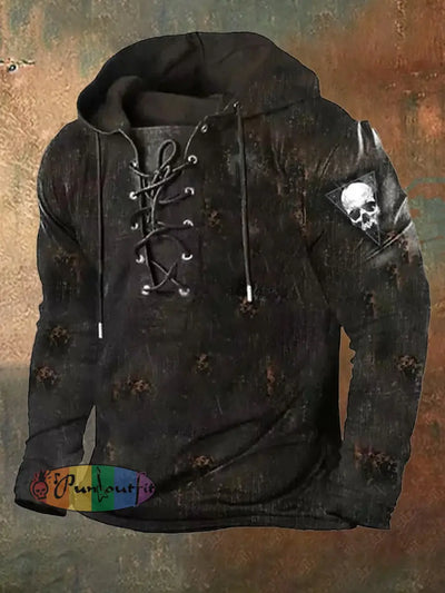 Men’s Retro Western Contrast Patchwork Lace-Up Sweatshirt Black / S Hoodies&Sweatshirts