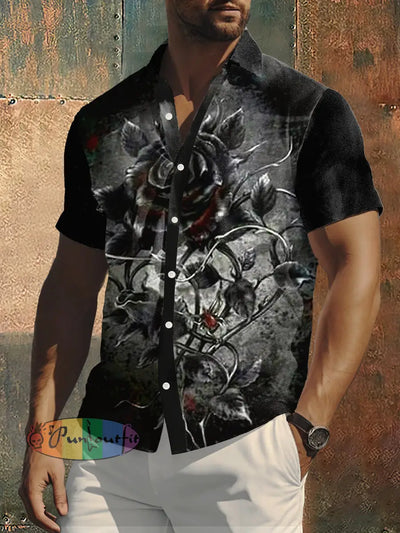 Men’s Retro Wilted Rose Short Sleeve Shirt Black / S