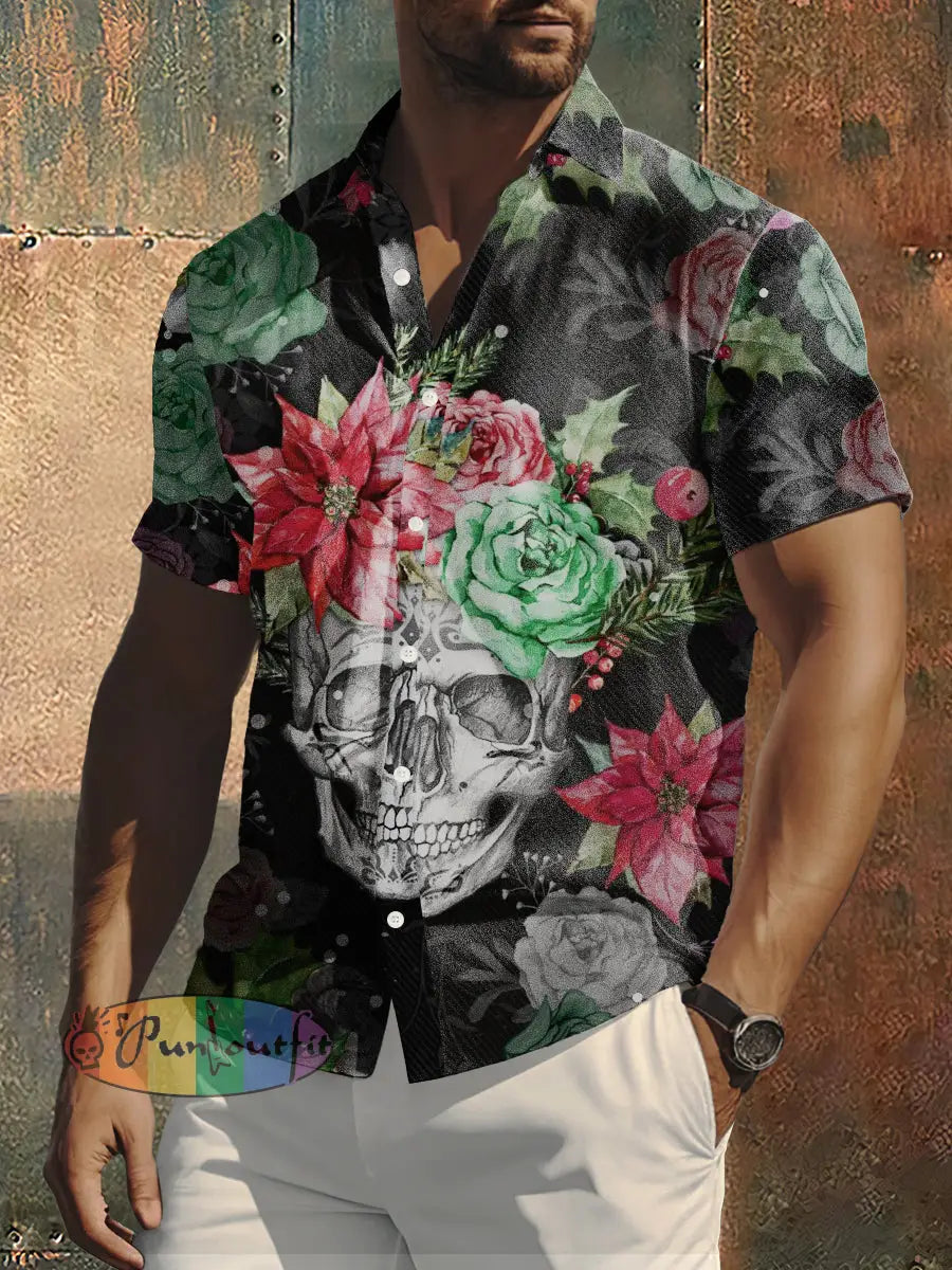 Men’s Skull And Flower Print Hippie Style Short Sleeve Shirt Colorful / S