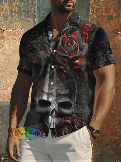 Men’s Skull And Rose Abstract Print Casual Shirt Black / S