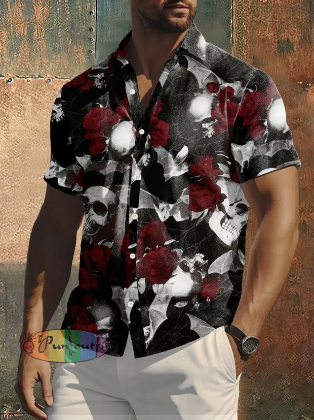 Men’s Skull And Rose Print Punk Style Short Sleeve Shirt Colorful / S