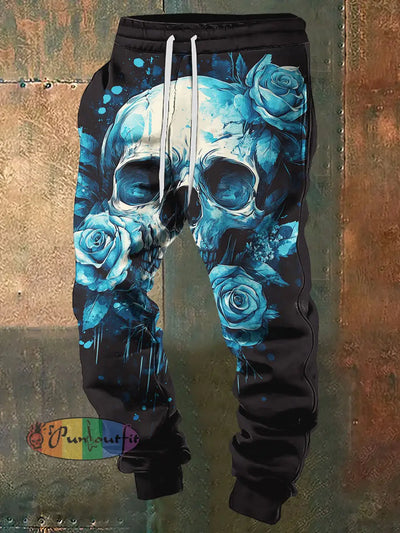 Men’s Skull Around Rose Halloween Print Sweatpants Black / S