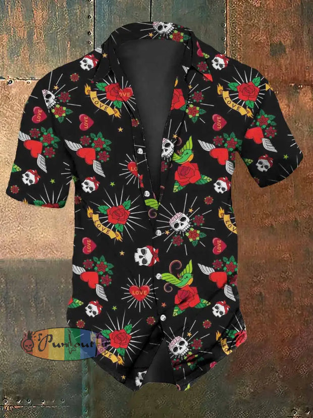 Men’s Skull Love Rose Print Casual Vintage Shirt Black / S