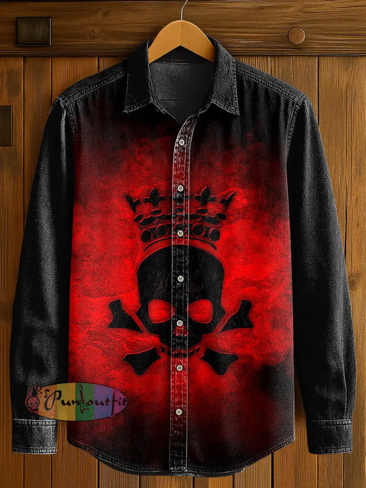 Men’s Skull Print Casual Long Sleeved Shirt Black Red / S