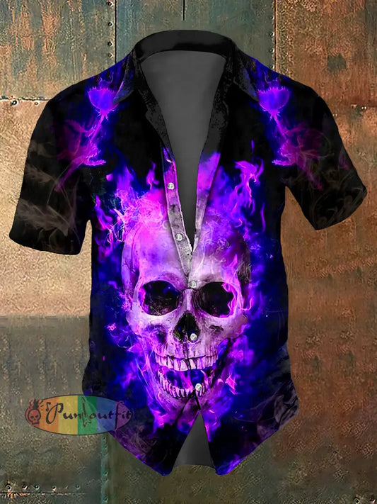 Men’s Skull Print Casual Short Sleeved Shirt Black Purple / S