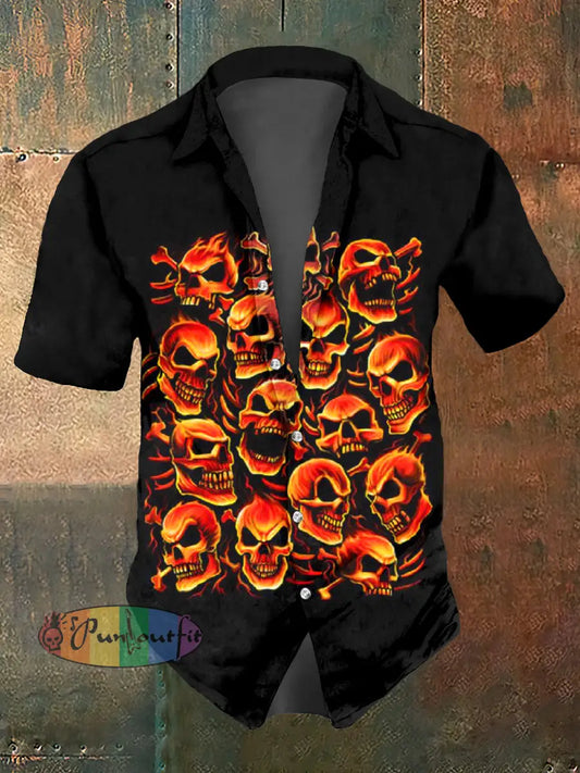 Men’s Skull Print Casual Short Sleeved Shirt Black / S