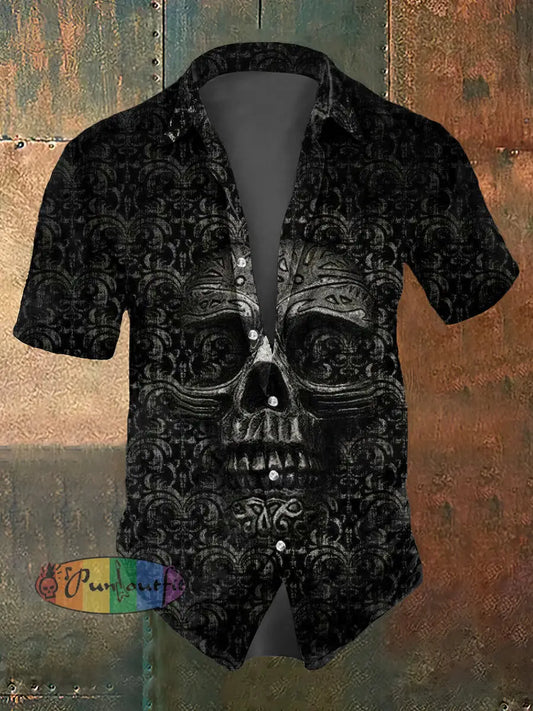 Men’s Skull Print Casual Short Sleeved Shirt Black / S