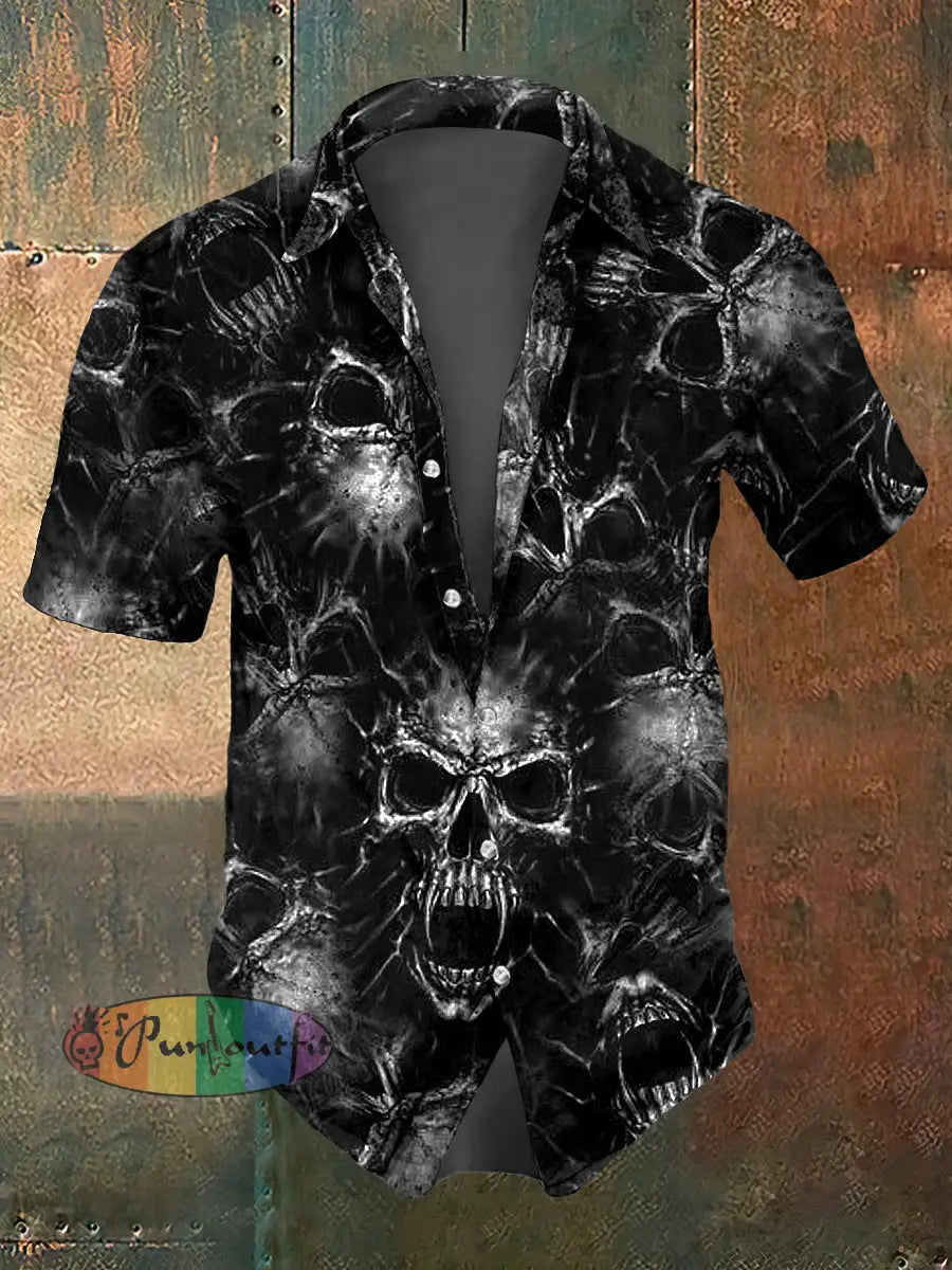 Men’s Skull Print Casual Short Sleeved Shirt Black / S