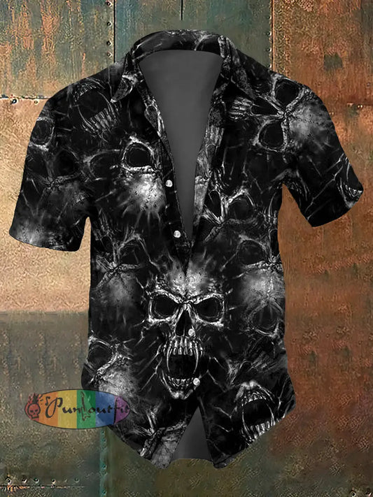 Men’s Skull Print Casual Short Sleeved Shirt Black / S