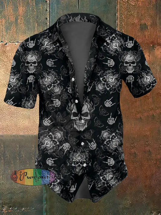 Men’s Skull Print Casual Short Sleeved Shirt Black / S