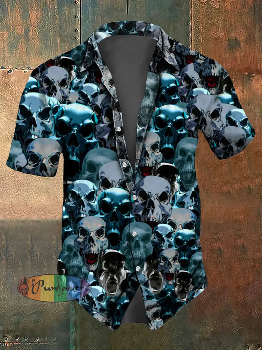 Men’s Skull Print Casual Short Sleeved Shirt Blue / S
