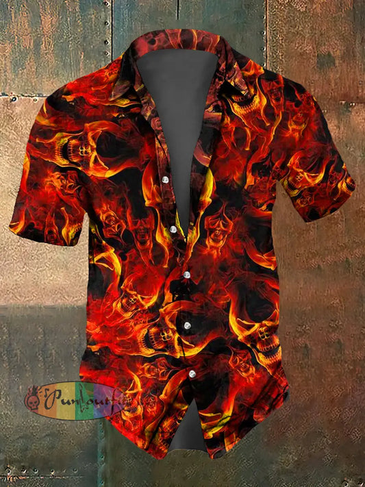 Men’s Skull Print Casual Short Sleeved Shirt Red / S