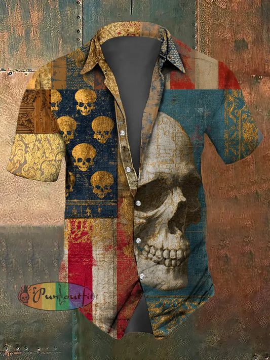 Men’s Skull Print Casual Short Sleeved Shirt Yellow / S