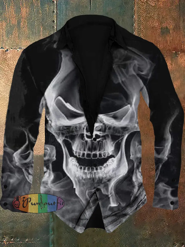 Men’s Skull Retro Print Casual Fashion Lapel Long Sleeved Shirt Black / S