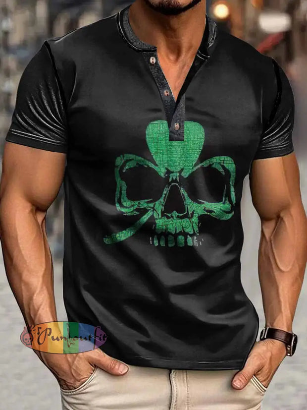 Men’s Skull Three-leaf Clover Print Henley Neck Short Sleeve T-Shirt Black / S