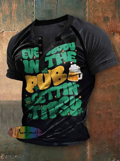 Men’s St. Patrick’s Beer Print Raglan Sleeve Henley Collar T-shirt Black / S