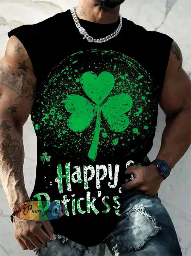 Men’s St. Patrick’s Day Green Shamrock Art Print Crew Neck Tank Top Colorful / S