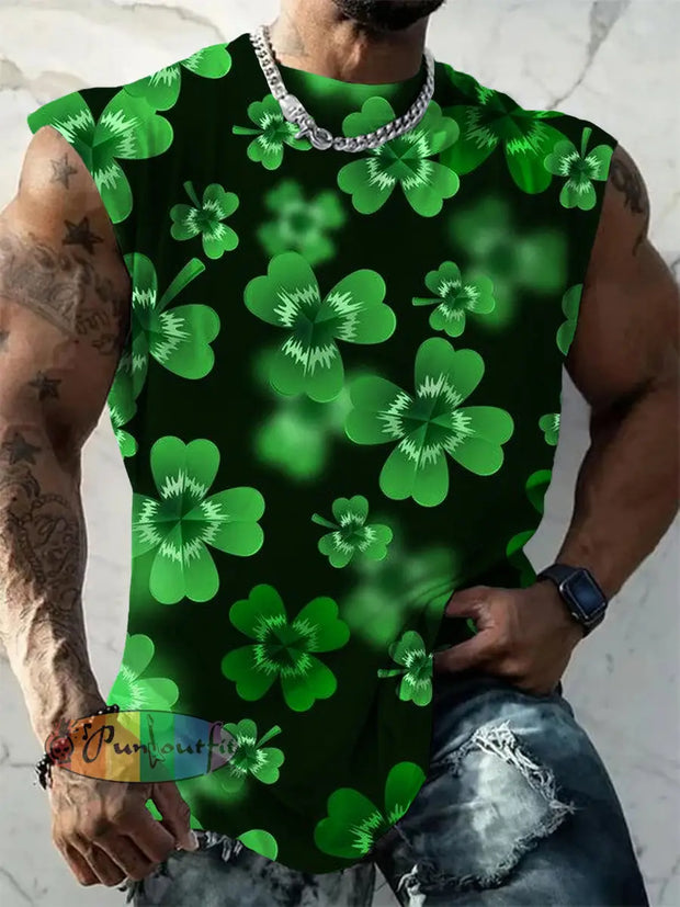 Men’s St. Patrick’s Day Shamrock Art Print Crew Neck Tank Top Colorful / S