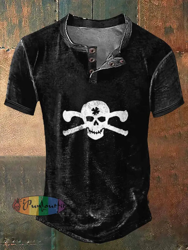 Men’s St. Patrick’s Skull Print Henley Neck Short Sleeve T-Shirt Black / S