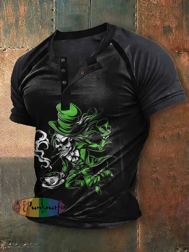 Men’s St. Patrick’s Skull Print Raglan Sleeve Henley Collar T-shirt Black / S