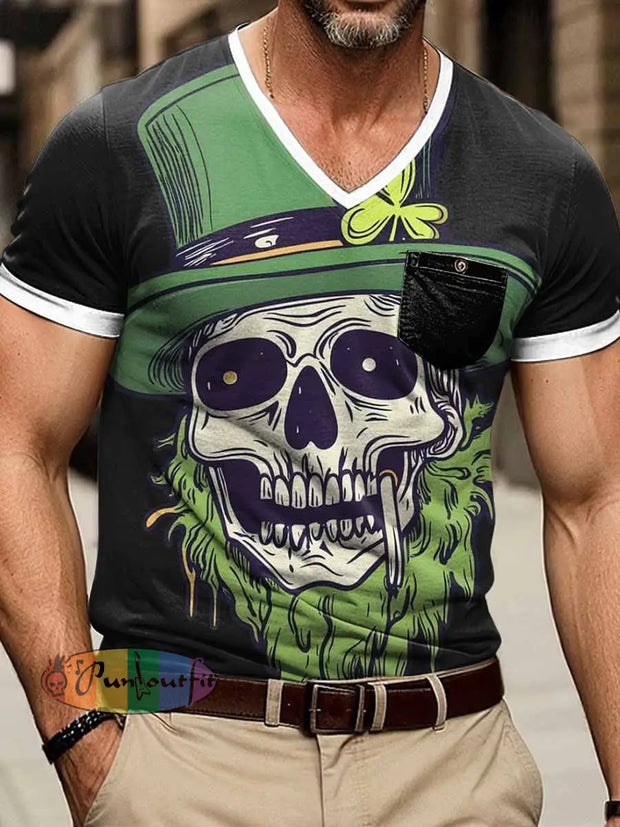 Men’s St. Patrick’s Skull Print Short Sleeve V-Neck T-Shirt Green / S