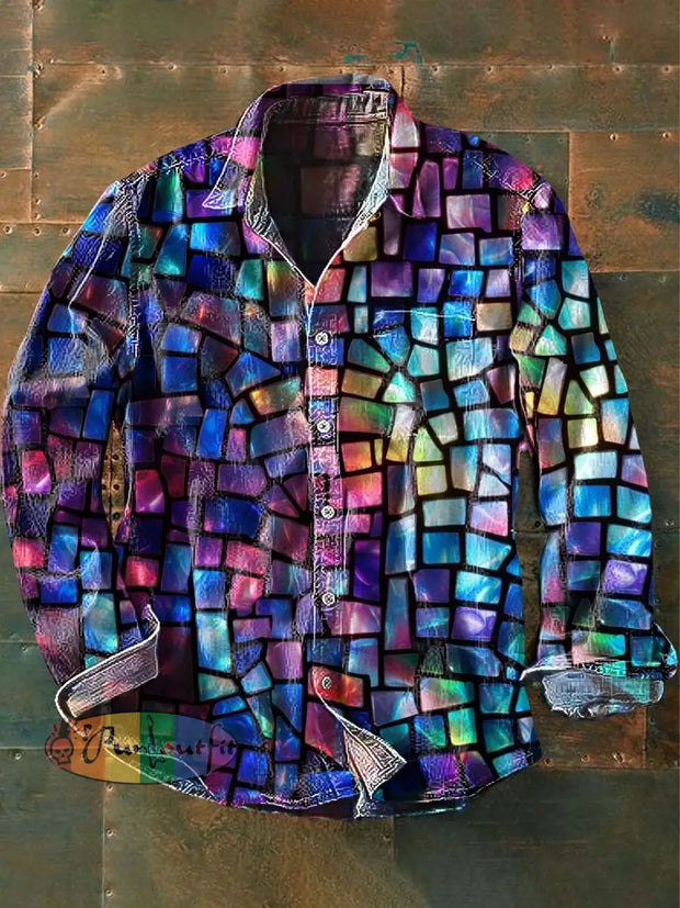 Men’s Stained Glass Print Abstract Casual Long Sleeve Shirt As Picture / S