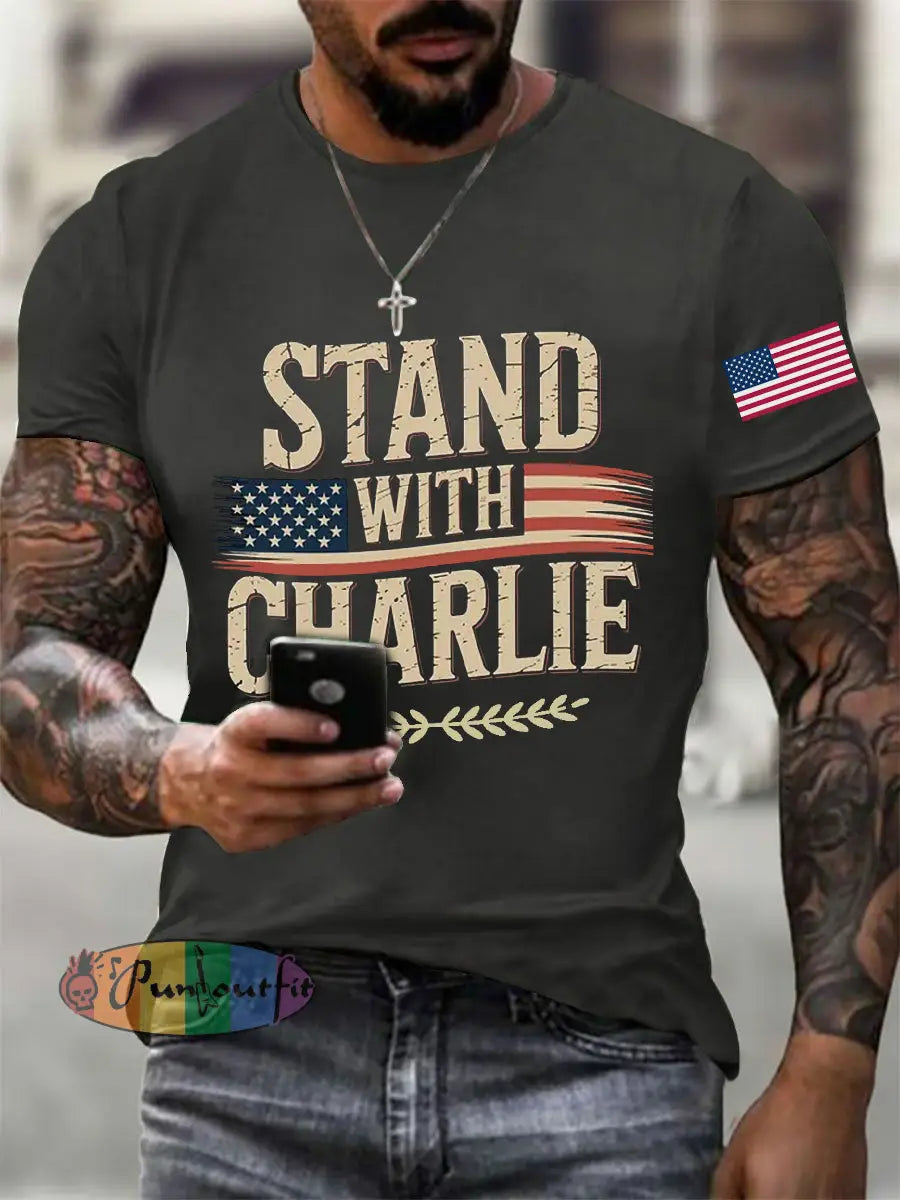 Men’s Stand With Charlie Kirk Printed T-shirt Dark Gray / S