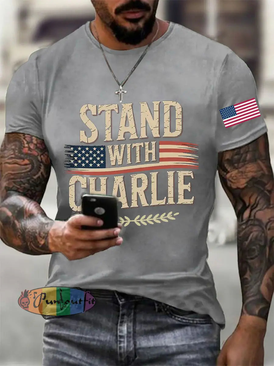 Men’s Stand With Charlie Kirk Printed T-shirt Light Gray / S