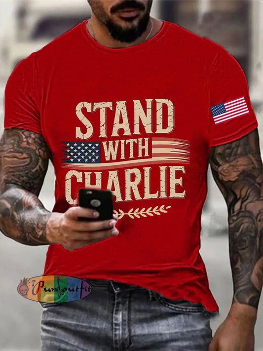 Men’s Stand With Charlie Kirk Printed T-shirt Pure Red / S