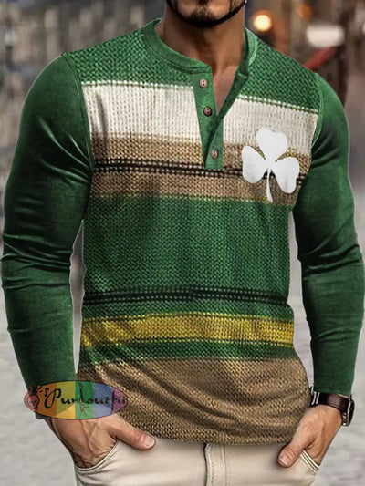 Men’s Stripes Print Henley Neck Long Sleeve T-Shirt Colorful / S