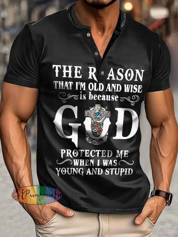 Men’s The Reason GOD Print Henley Neck Short Sleeve T-Shirt Black / S