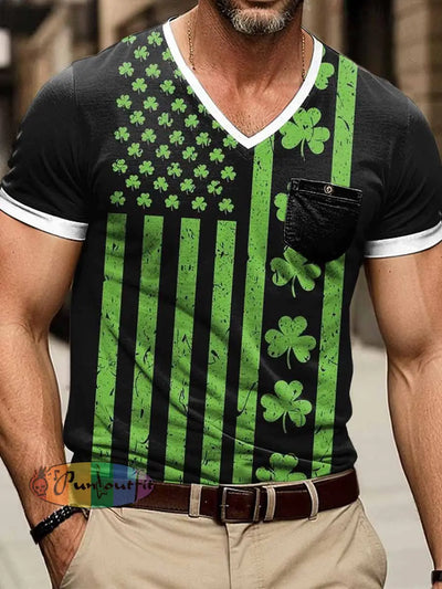 Men’s Three-leaf Clover Flag Print Short Sleeve V-Neck T-Shirt Green / S