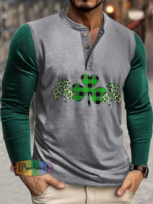 Men’s Three-leaf Clover Print Henley Neck Long Sleeve T-Shirt Gray / S