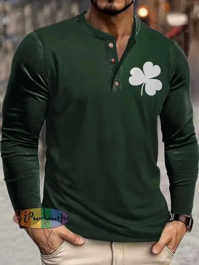 Men’s Three-leaf Clover Print Henley Neck Long Sleeve T-Shirt Green / S