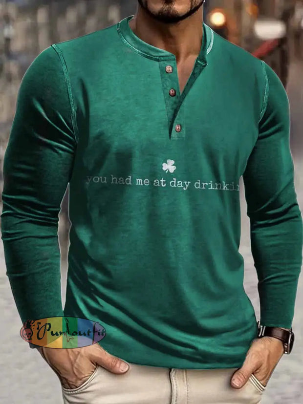 Men’s Three-leaf Clover Print Henley Neck Long Sleeve T-Shirt Green / S