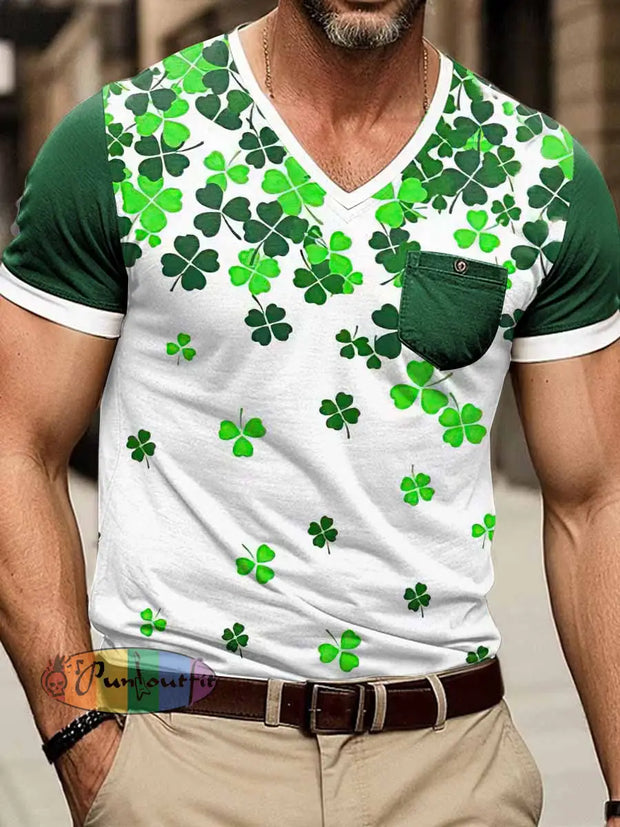 Men’s Three-leaf Clover Print Short Sleeve V-Neck T-Shirt Colorful / S