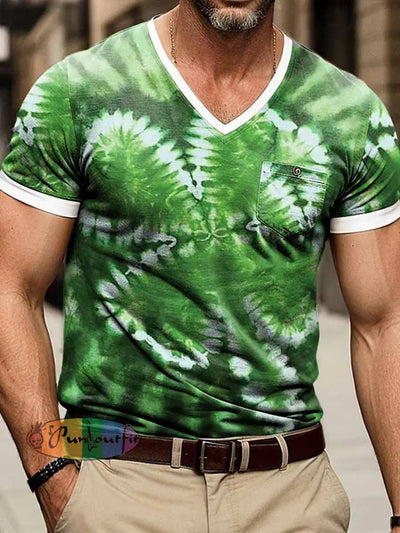 Men’s Three-leaf Clover Tie-Dye Print Short Sleeve V-Neck T-Shirt Green / S