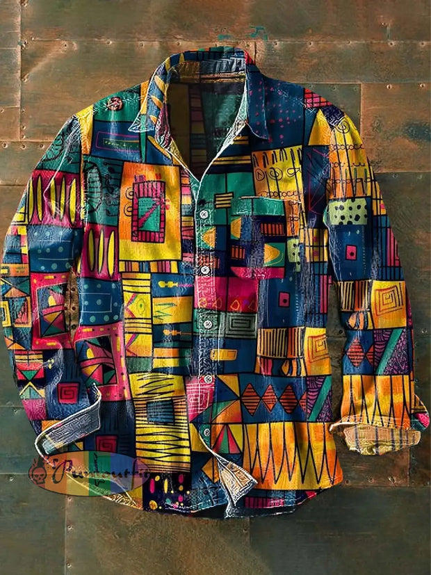 Men’s Tribal Ethnic Printed Casual Lapel Long Sleeve Shirt As Picture / S