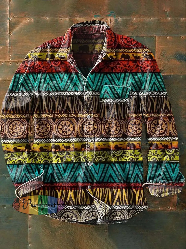 Men’s Tribal Ethnic Printed Casual Lapel Long Sleeve Shirt As Picture / S