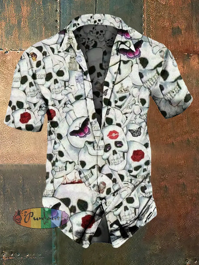 Men’s Valentine’s Day Skull Love Abstract Print Casual Shirt Colorful / S