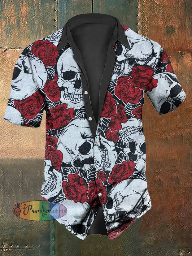 Men’s Valentine’s Day Skull Rose Abstract Print Casual Shirt Colorful / S