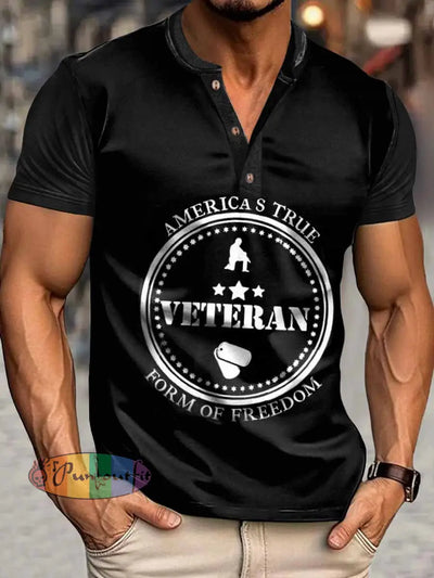 Men’s Veteran Print Henley Neck Short Sleeve T-Shirt Black / S