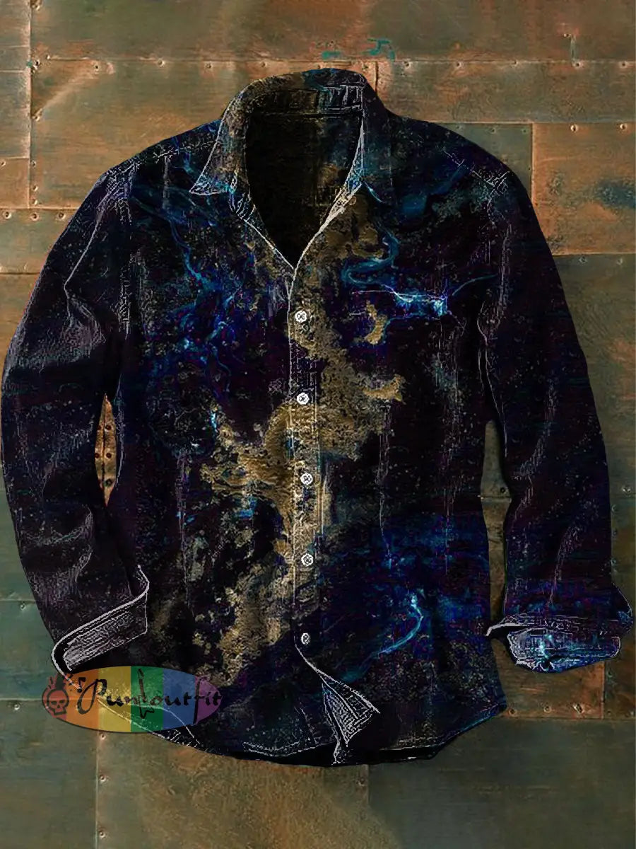 Men’s Vintage Abstract Art Ripple Print Casual Long Sleeve Shirt Long-Sleeve Shirt-1 / S
