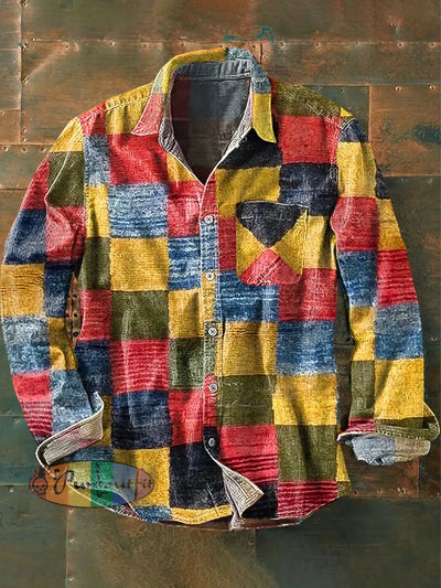 Men’s Vintage Abstract Color Block Patchwork Art Print Long Sleeve Pocket Shirt Colorful / S