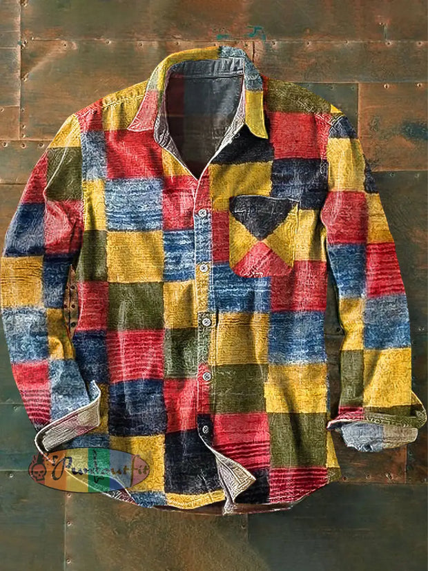 Men’s Vintage Abstract Color Block Patchwork Art Print Long Sleeve Pocket Shirt Colorful / S