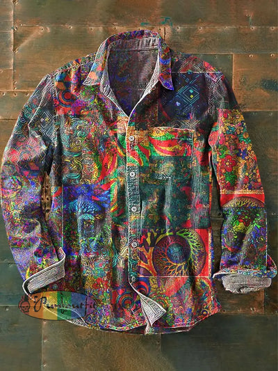 Men’s Vintage Abstract Ethnic Art Print Long Sleeve Pocket Shirt Colorful / S