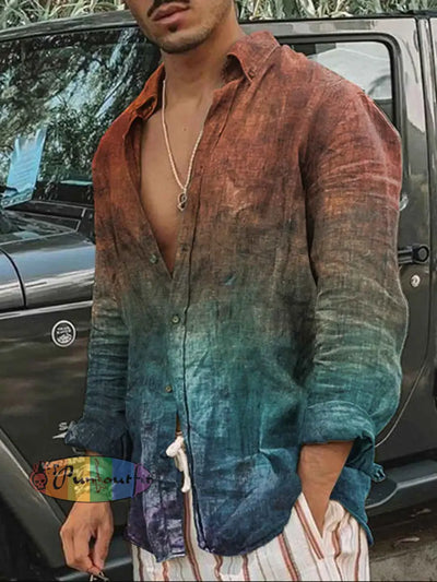 Men’s Vintage Abstract Gradient Colorful Art Print Casual Long Sleeve Shirt As Picture / S