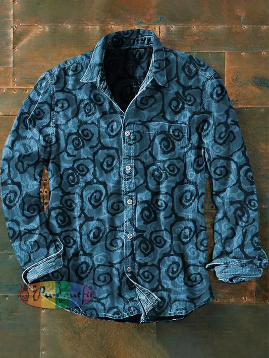 Men’s Vintage Abstract Graffiti Ripple Print Casual Long Sleeve Shirt Blue / S